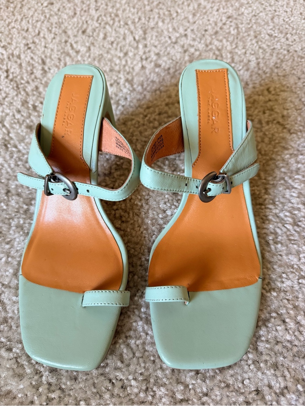 Haggar Mint Green Leather Square-Toe Buckle Heels